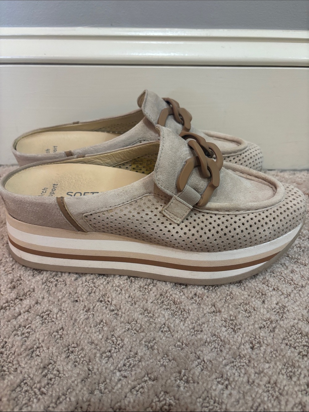 Beige Perforated Platform Mule with Chain Accent